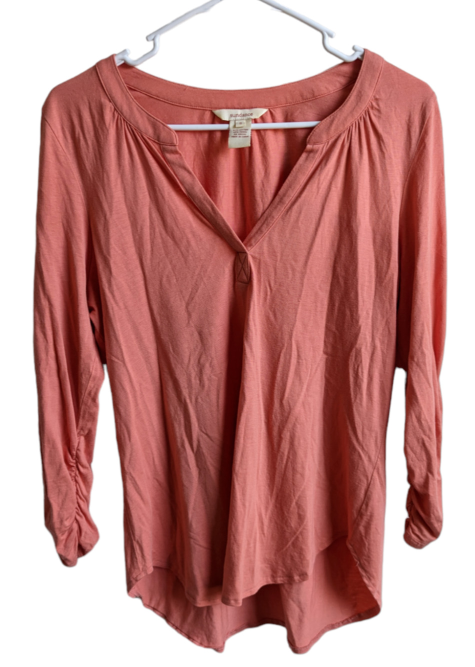 Sundance Womens Coral 3/4 Sleeve Notch Neck Blouse Ruched Sleeve Hem Size Small